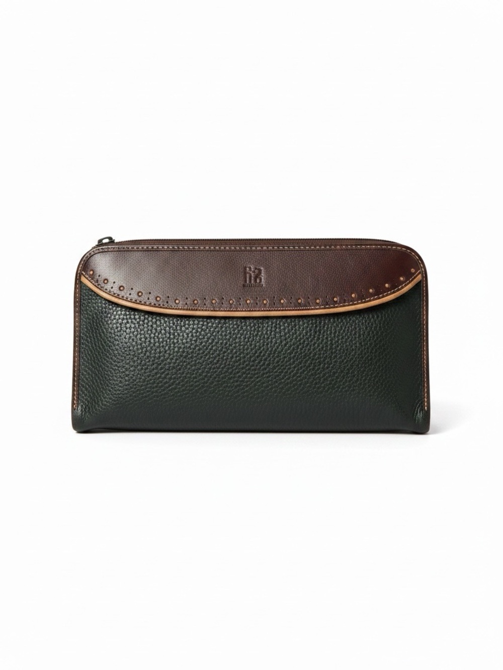 Petusco Genuine Forest Green Tan Leather Trim 3 Compartment Zippered Wallet